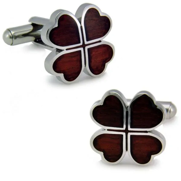 Boutons de manchettes texture bois en trèfle à quatre feuilles