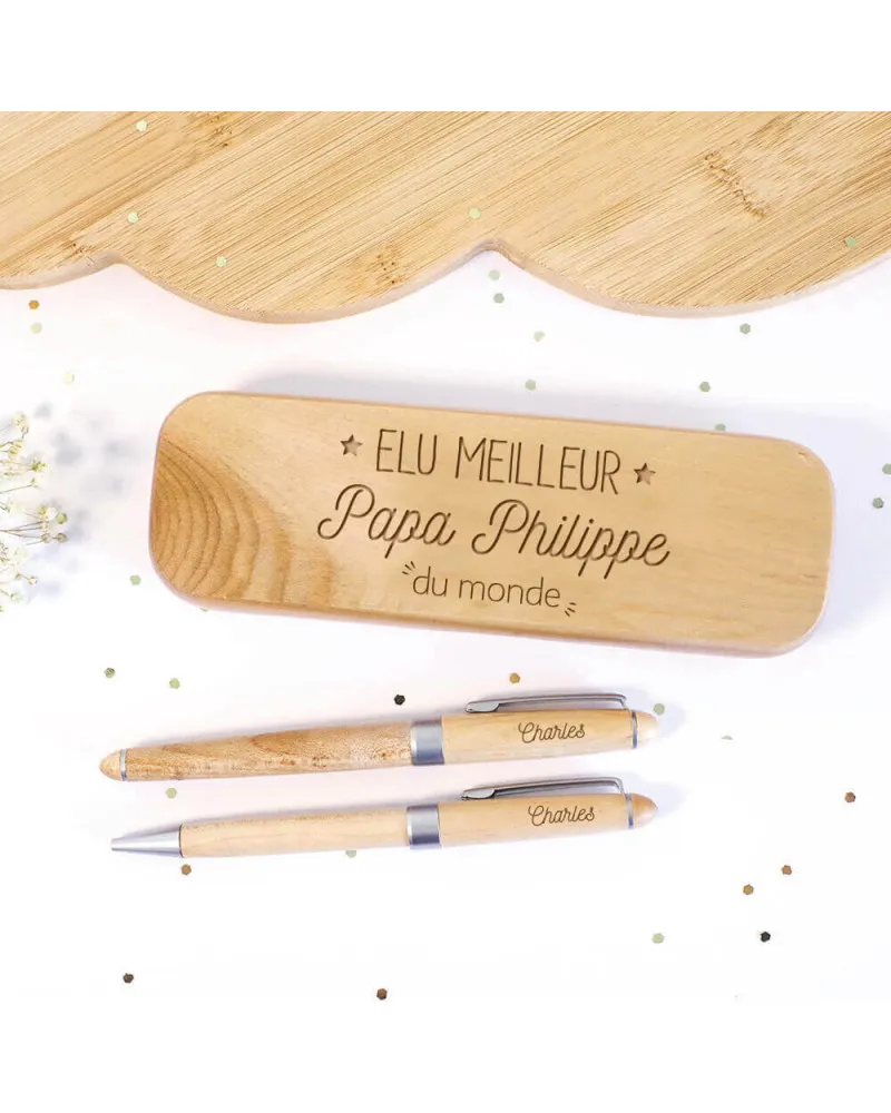 Coffret en bois personnalisé avec 2 stylos gravés - Collection "Elu(e) meilleur(e)"