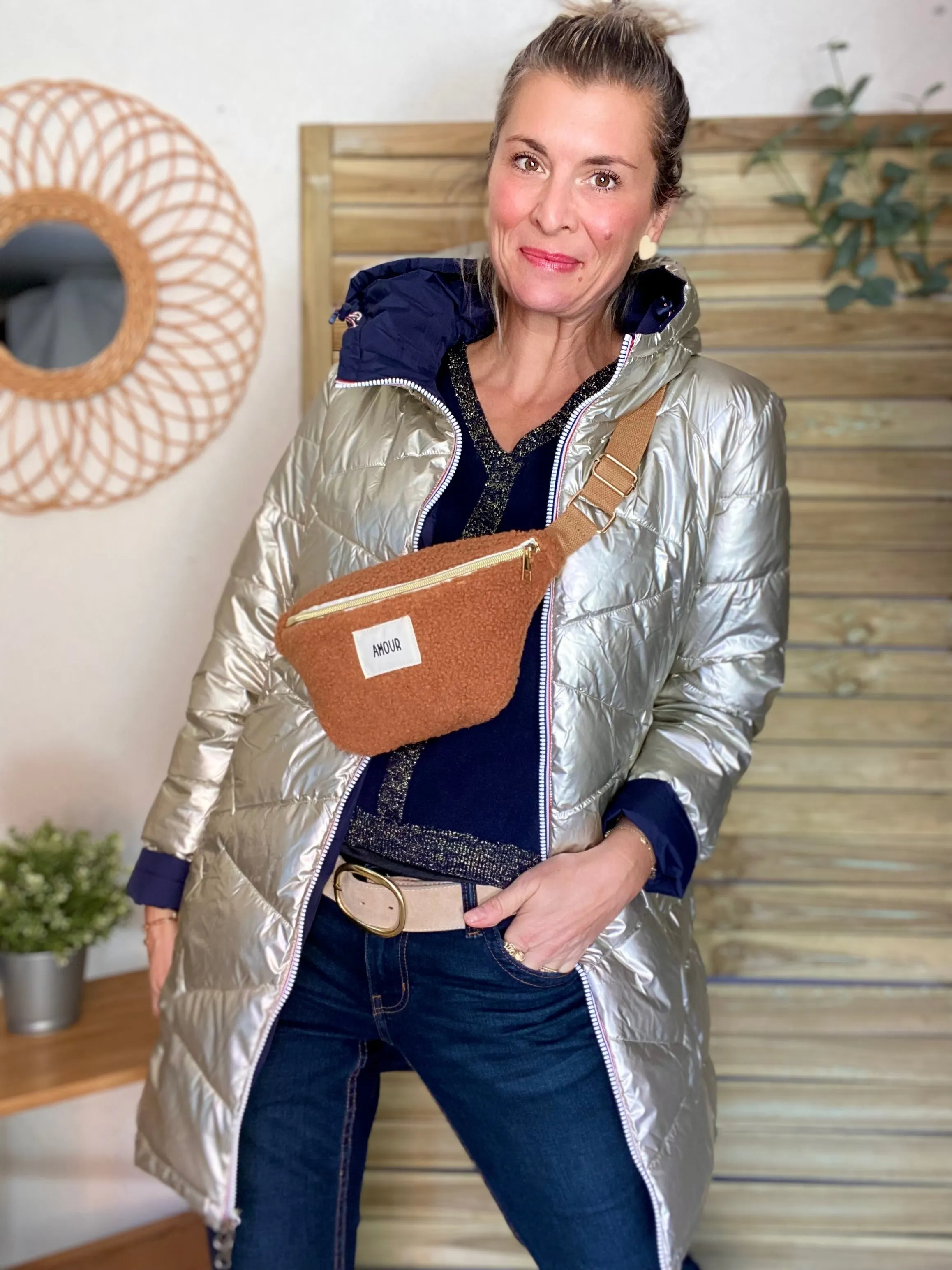 Doudoune réversible imperméable longue INS - Bleu marine / Doré - Laura Jo