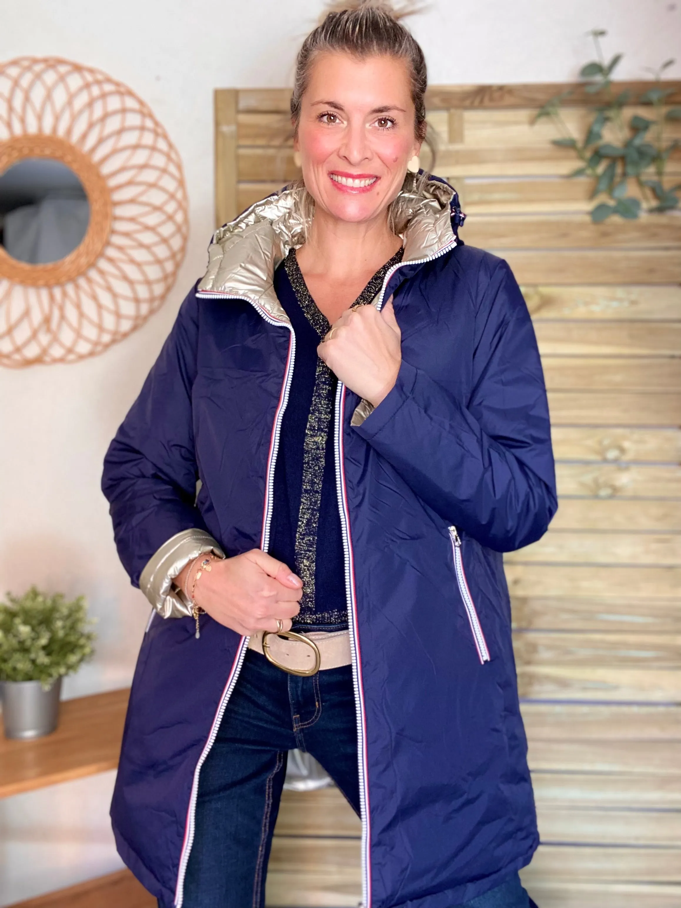 Doudoune réversible imperméable longue INS - Bleu marine / Doré - Laura Jo