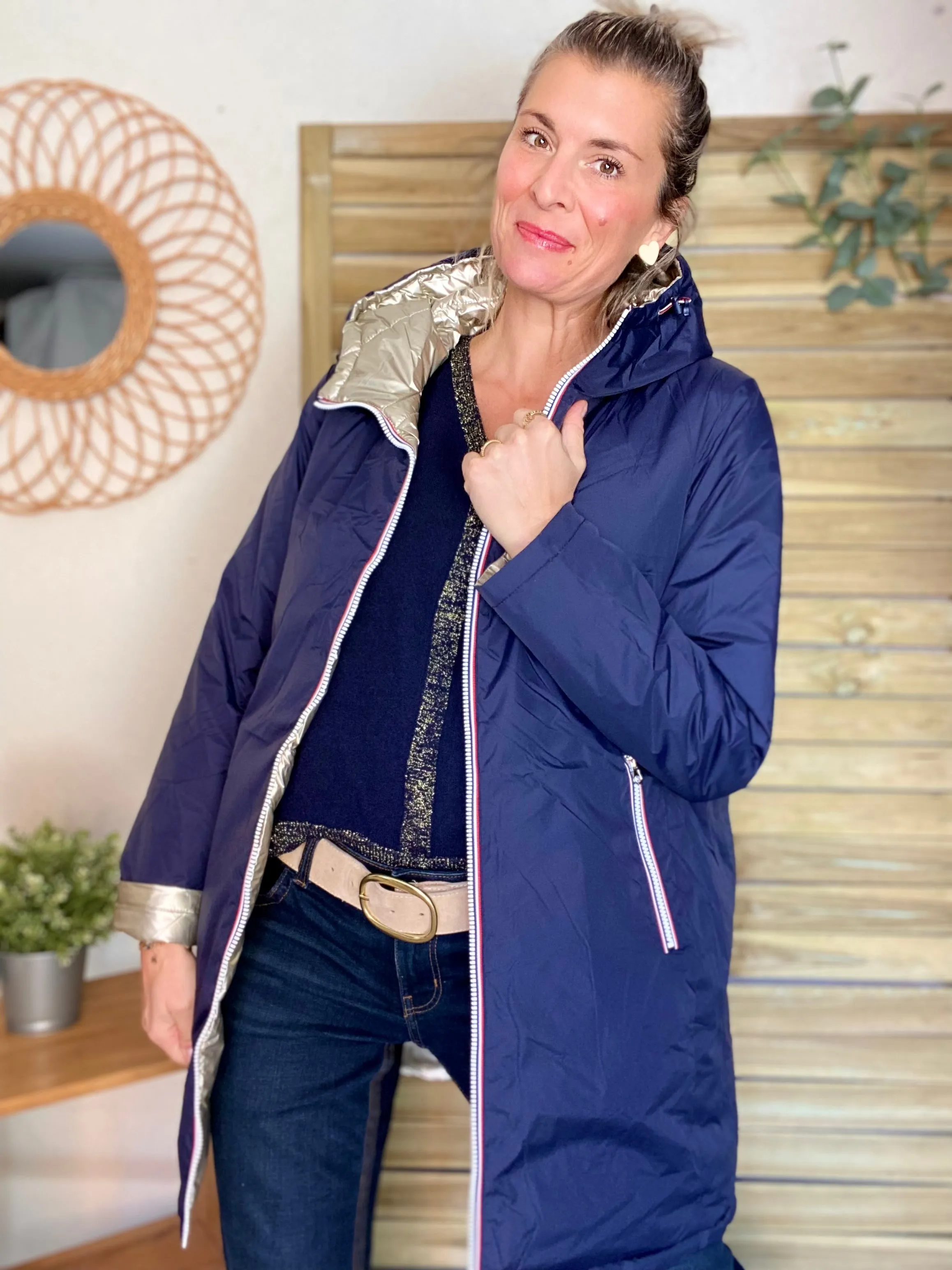 Doudoune réversible imperméable longue INS - Bleu marine / Doré - Laura Jo