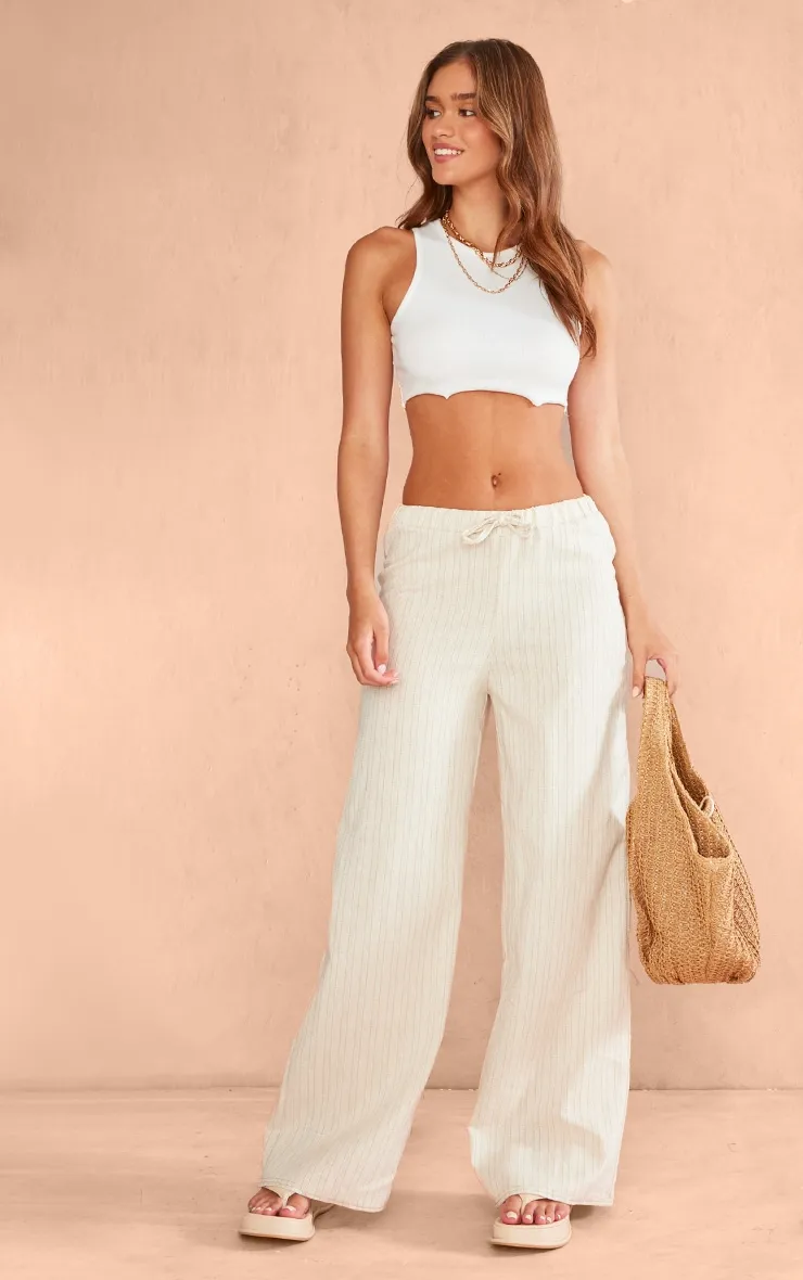 Pantalon ample gris pierre à rayures en effet lin