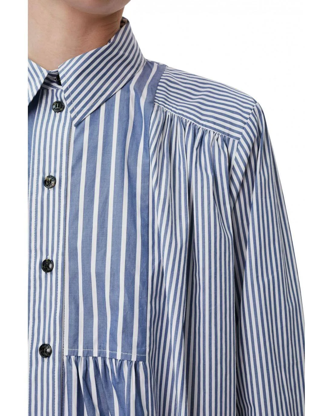 ROBE STRIPE COTTON WIDE GRAY BLUE - Ganni  | Chez Maman Rouen